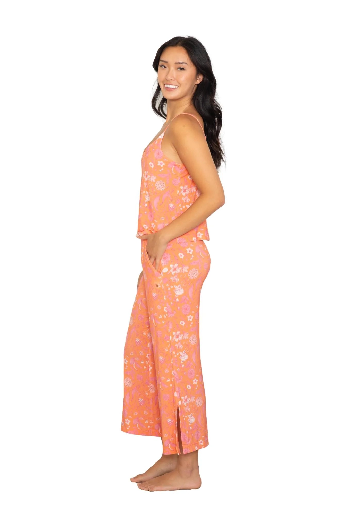 Cami & High Waist Capri PJ Set in floral design, model wearing relaxed fit pajama set for lounging.