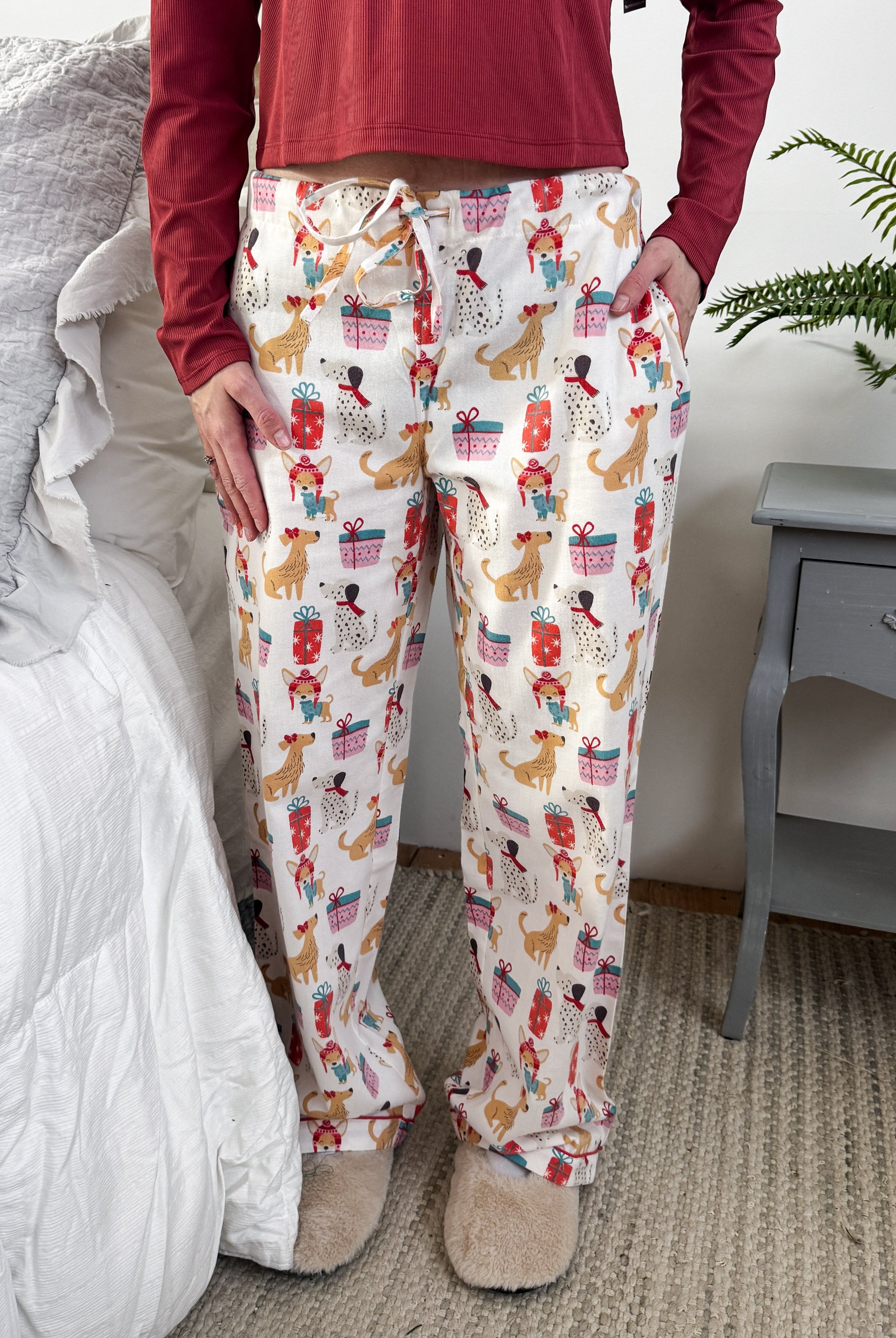 woman's flannel pj pants in dog print 100% cotton by Mahogany