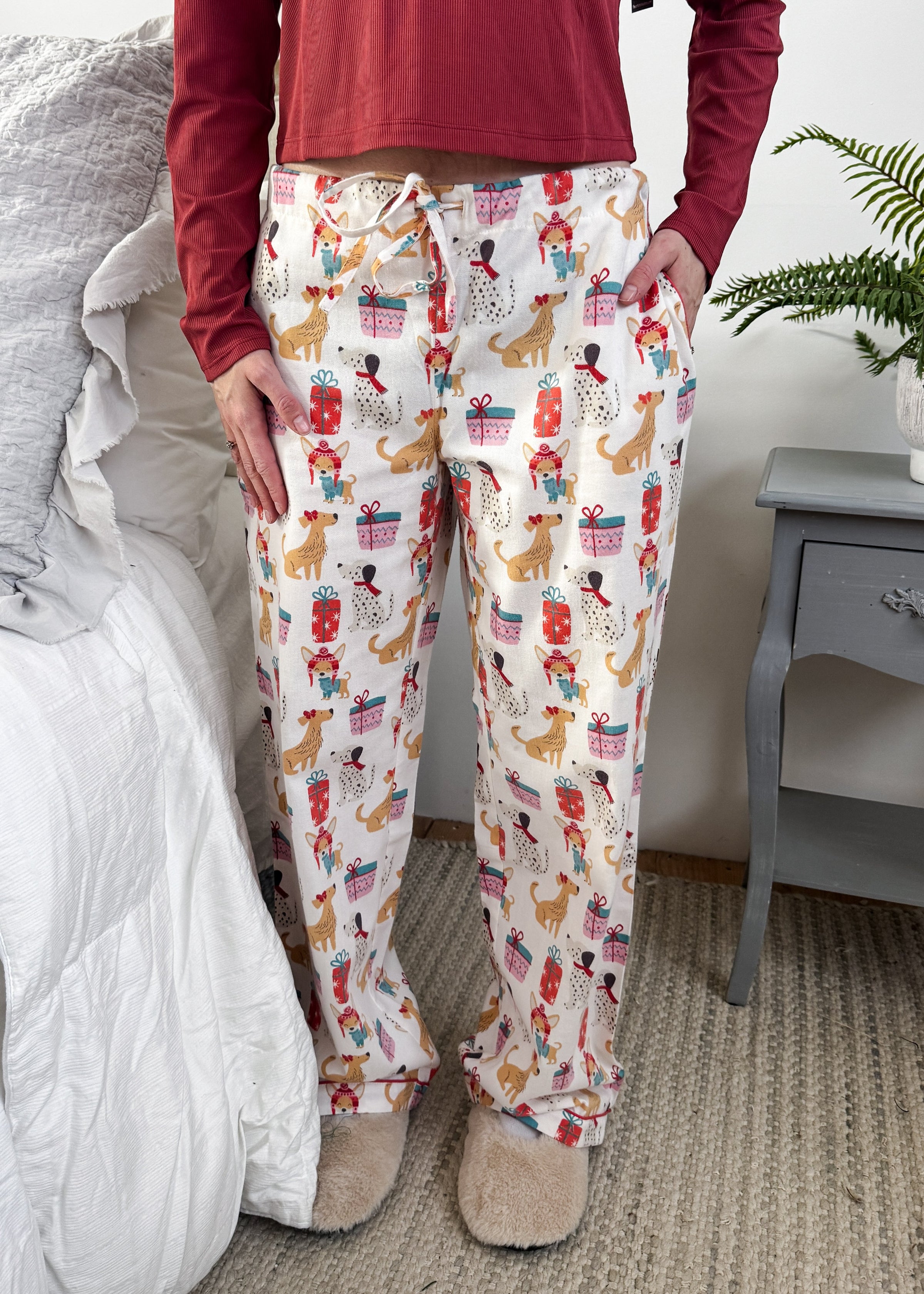 woman's flannel pj pants in dog print 100% cotton by Mahogany