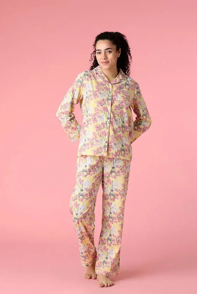 Paris Print Cotton Button Up Set | Mahogany - Mahogany - Cloud Nine Pajamas