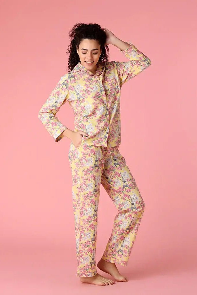 Paris Print Cotton Button Up Set | Mahogany - Mahogany - Cloud Nine Pajamas