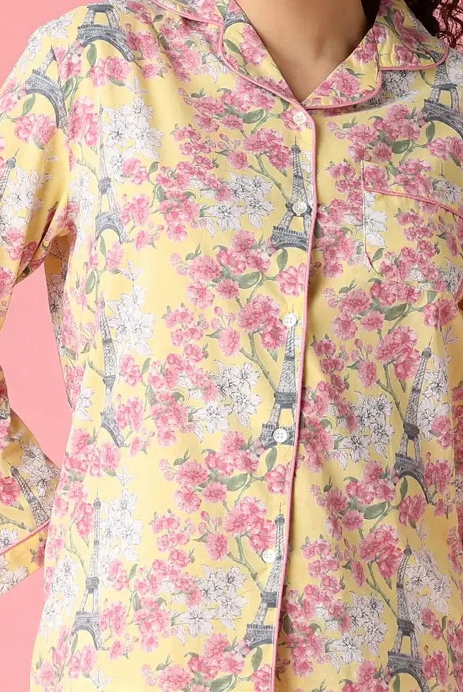 Paris Print Cotton Button Up Set | Mahogany - Mahogany - Cloud Nine Pajamas