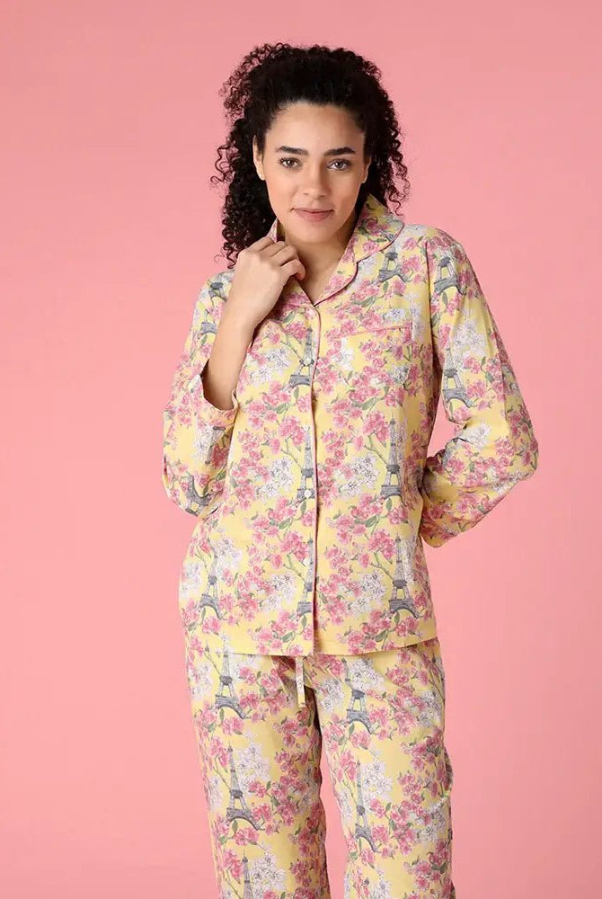 Paris Print Cotton Button Up Set | Mahogany - Mahogany - Cloud Nine Pajamas