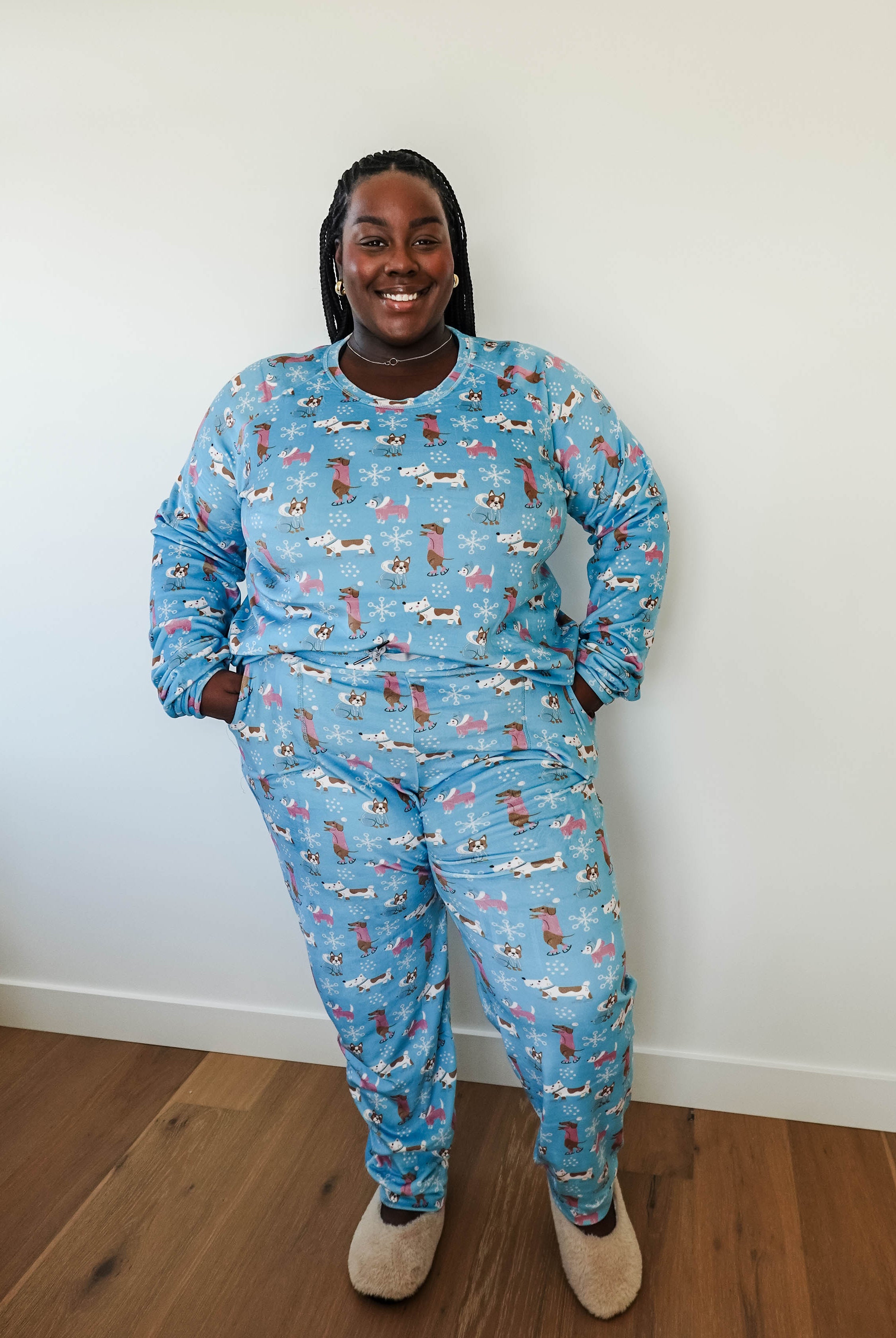 women's loungewear holiday set with dogs on ice skates blue plus size miranda nic