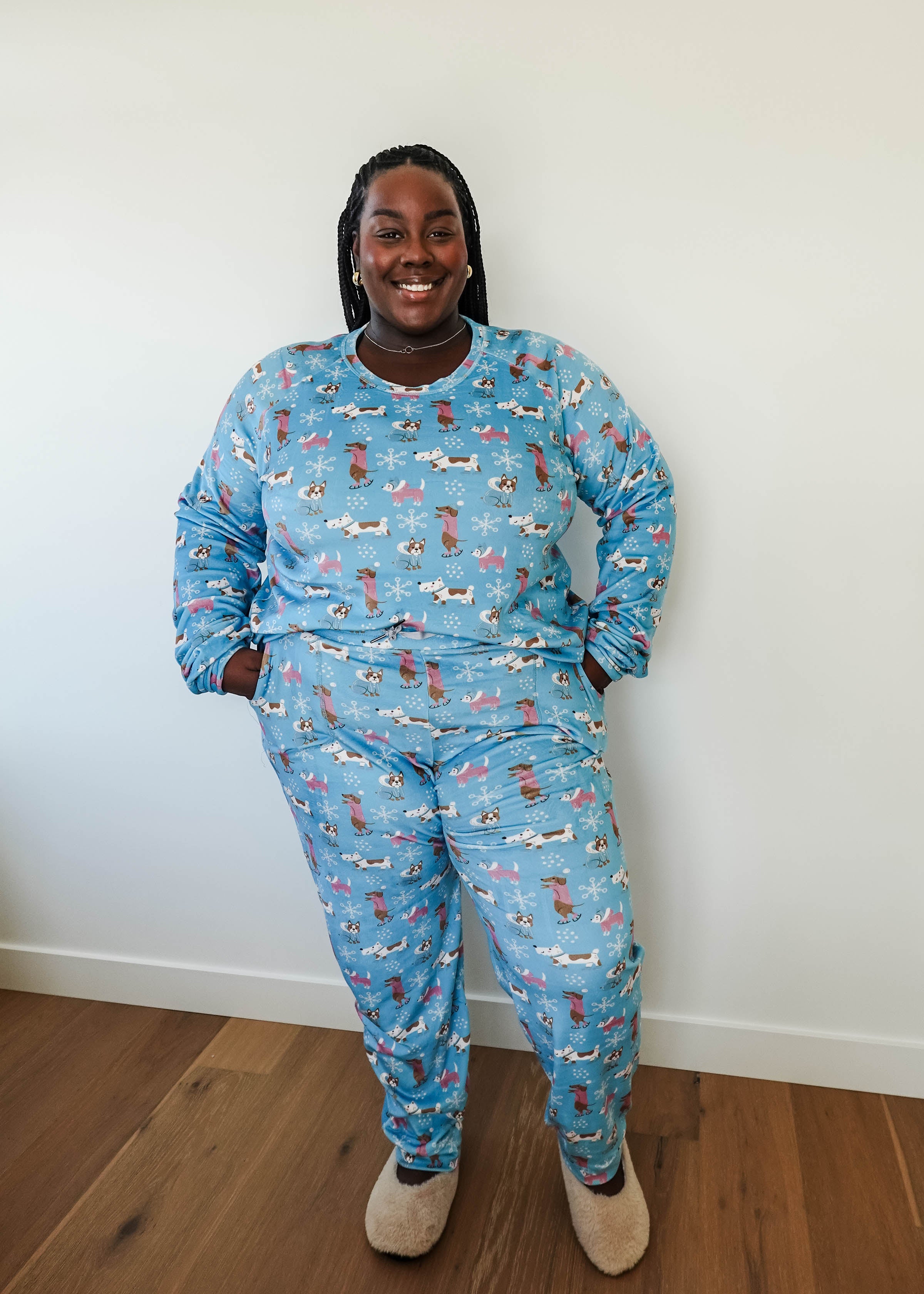 women's loungewear holiday set with dogs on ice skates blue plus size miranda nic