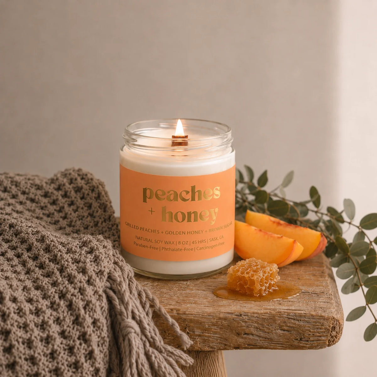 Prairie Creek Candle Peaches and Honey 8oz soy candle amber jar — Cloud Nine Pajamas Edmonton