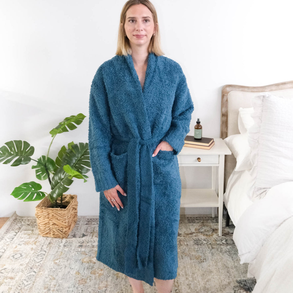 Lounge by Jan Marie Peacock Robe model wearing SM/MD lifestyle bedroom — Cloud Nine Pajamas