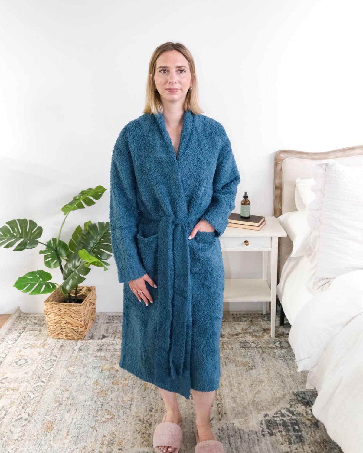 Lounge by Jan Marie Peacock Robe model wearing SM/MD lifestyle bedroom — Cloud Nine Pajamas