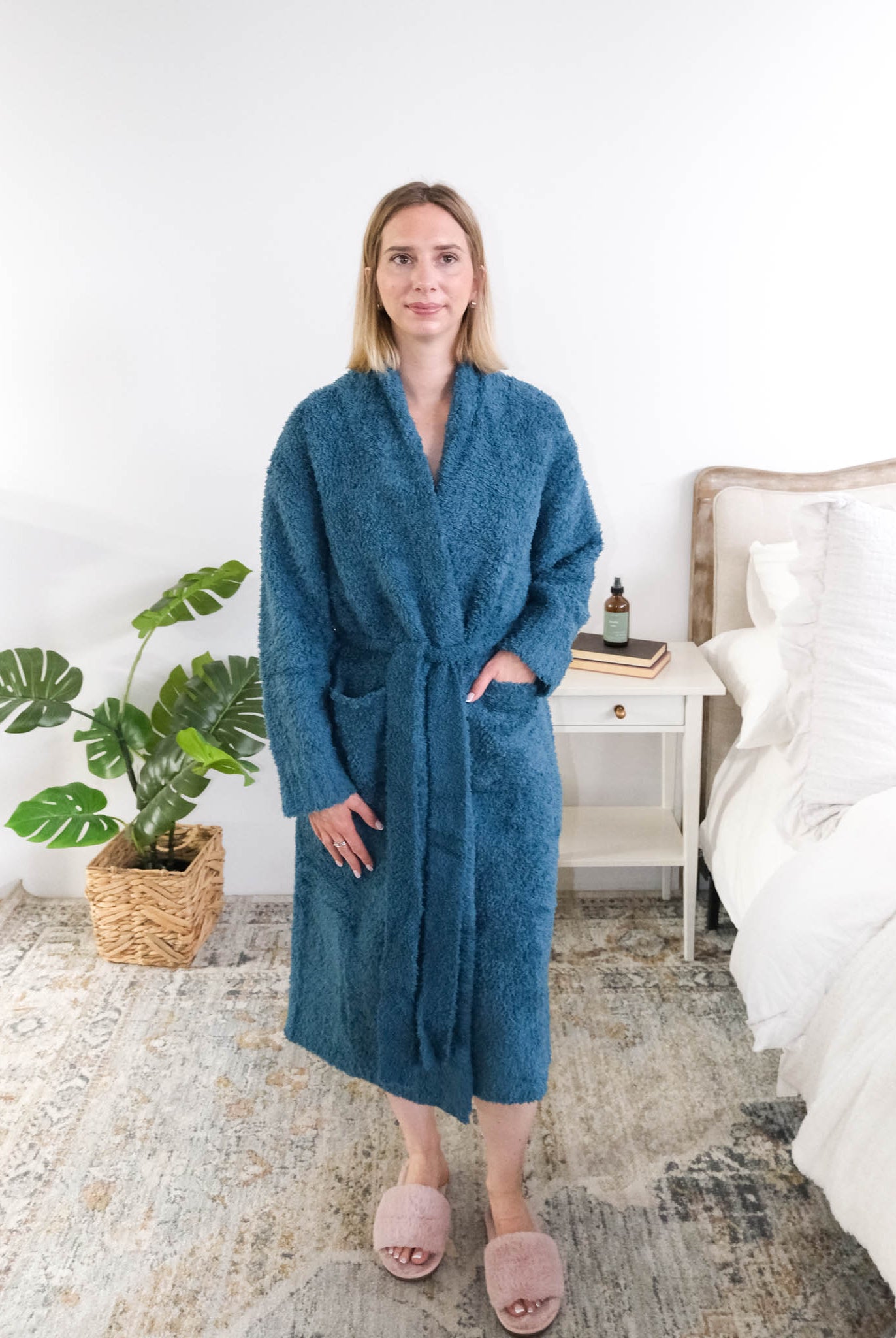 Lounge by Jan Marie Peacock Robe model wearing SM/MD lifestyle bedroom — Cloud Nine Pajamas