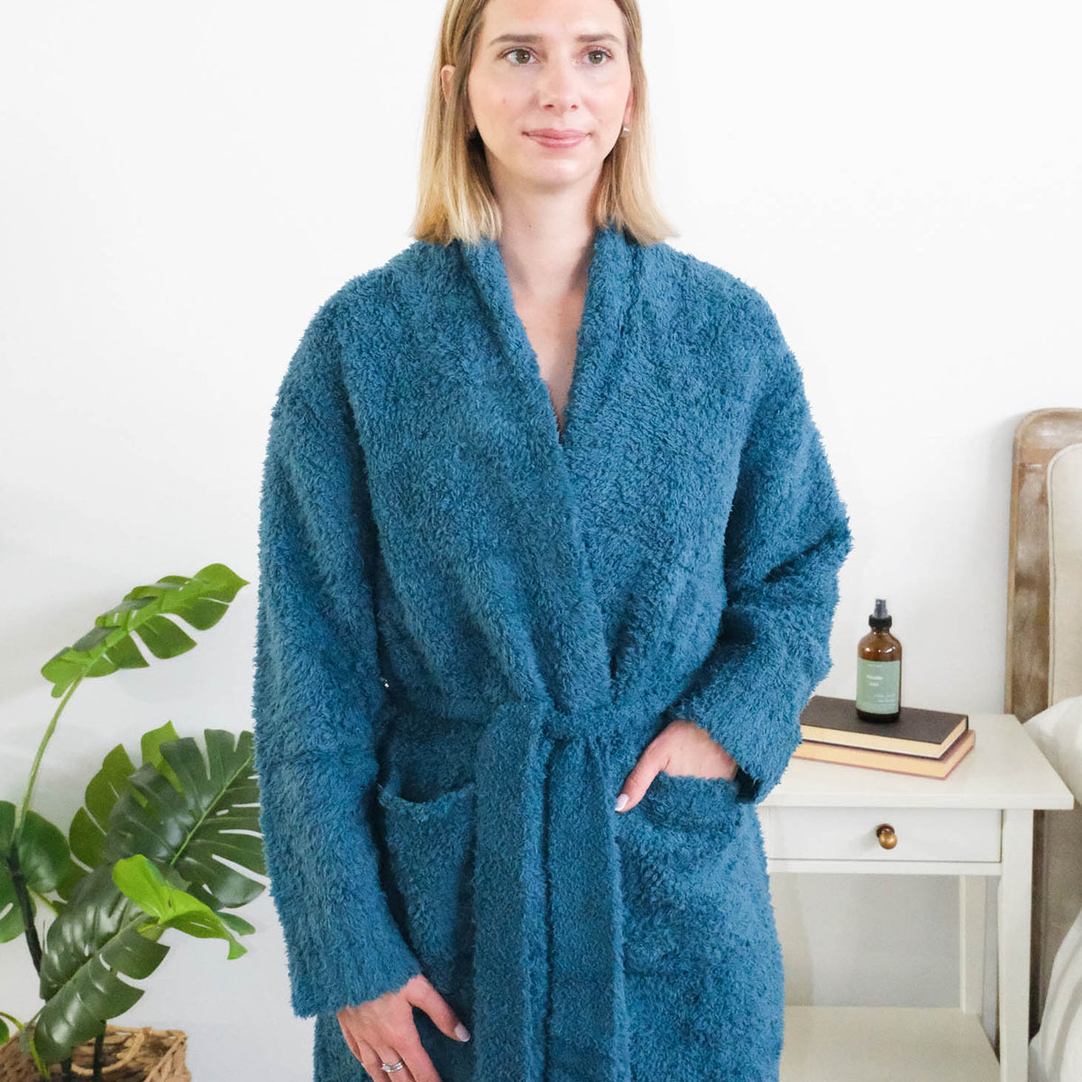 Lounge by Jan Marie Peacock Chenille Robe front view showing length and collar — Cloud Nine Pajamas