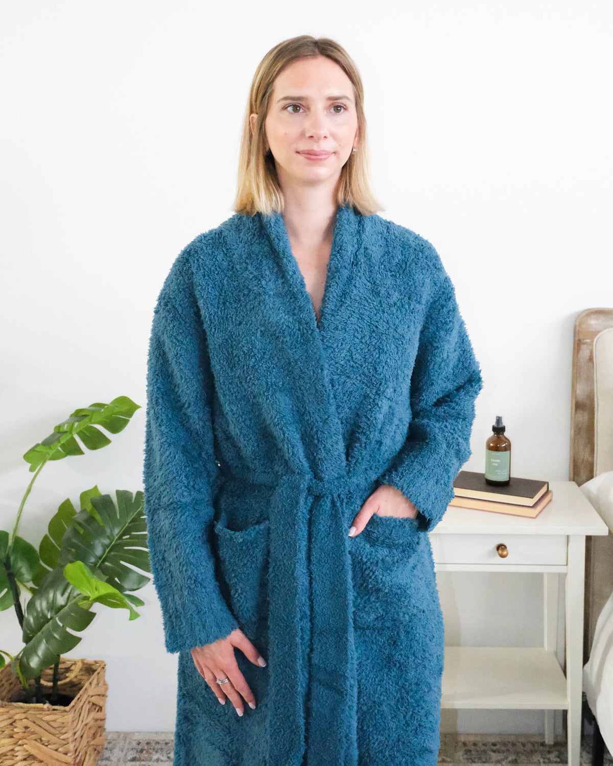 Lounge by Jan Marie Peacock Chenille Robe front view showing length and collar — Cloud Nine Pajamas