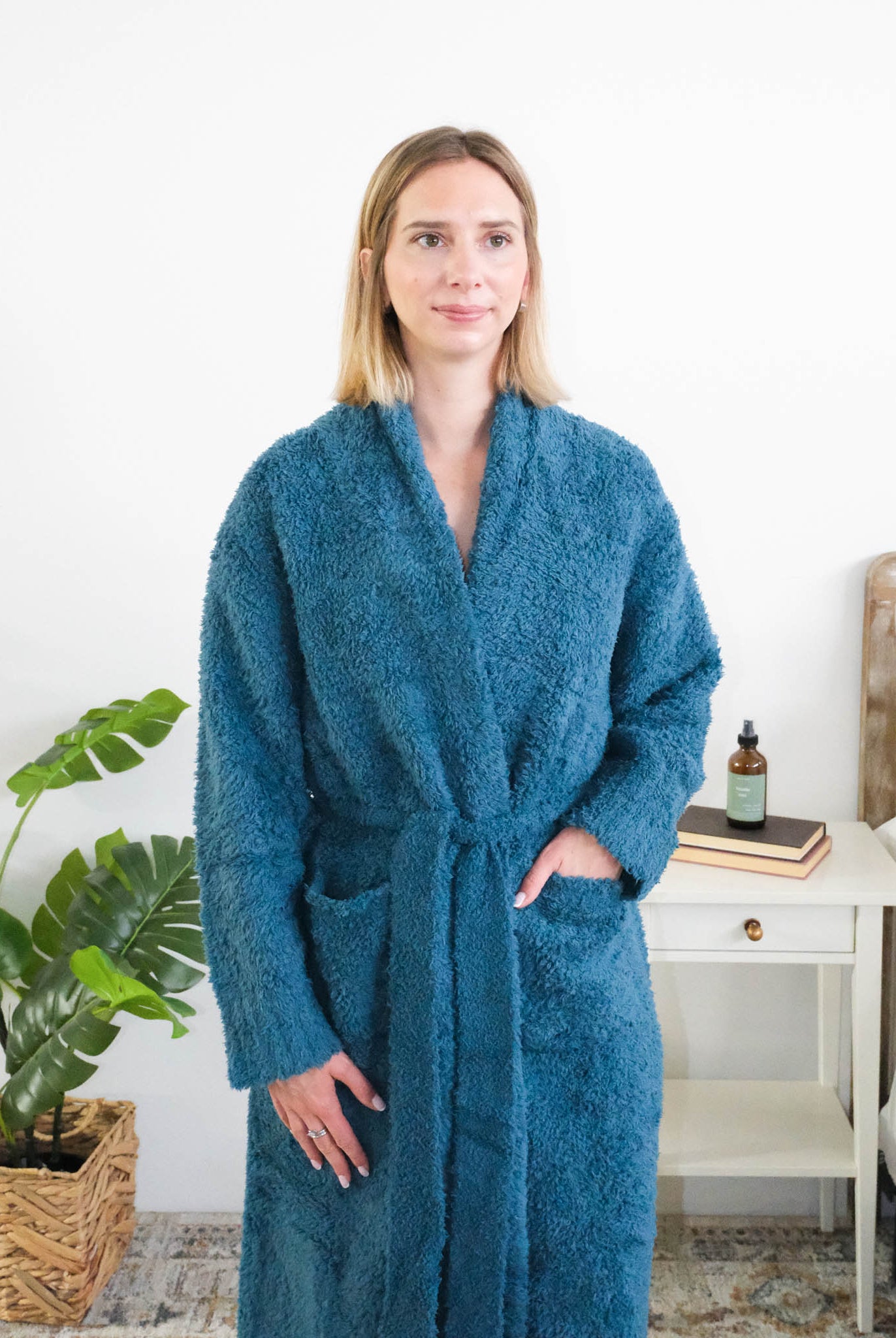Lounge by Jan Marie Peacock Chenille Robe front view showing length and collar — Cloud Nine Pajamas