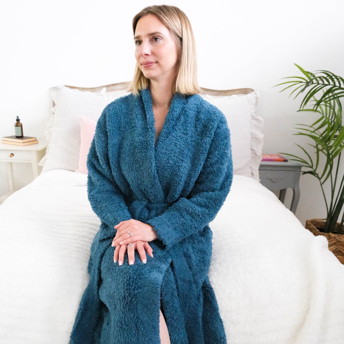 Lounge by Jan Marie Chenille Cloud Spa Robe Peacock teal full-length front view — Cloud Nine Pajamas Edmonton