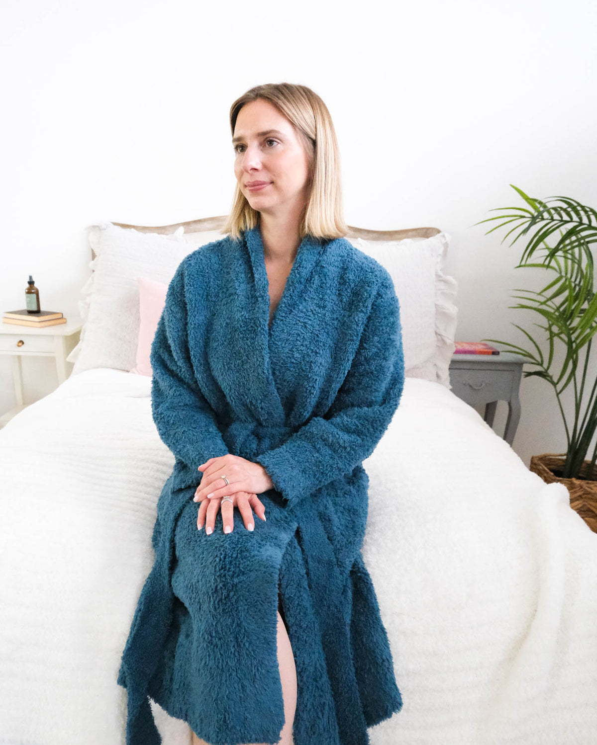 Lounge by Jan Marie Chenille Cloud Spa Robe Peacock teal full-length front view — Cloud Nine Pajamas Edmonton