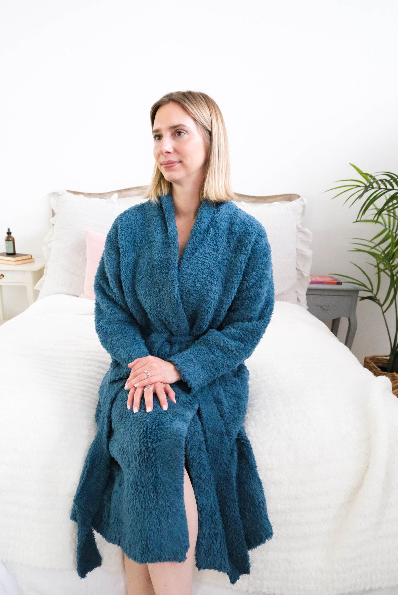 Lounge by Jan Marie Chenille Cloud Spa Robe Peacock teal full-length front view — Cloud Nine Pajamas Edmonton