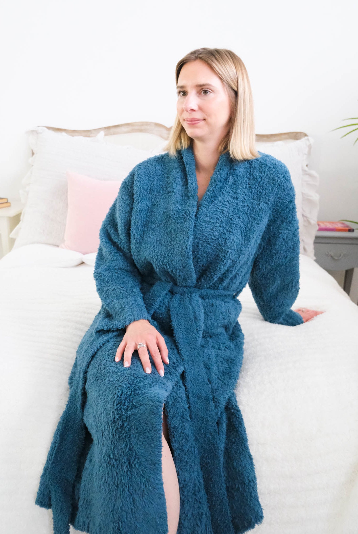 Lounge by Jan Marie Peacock Chenille Robe belted waist and pocket detail — Cloud Nine Pajamas