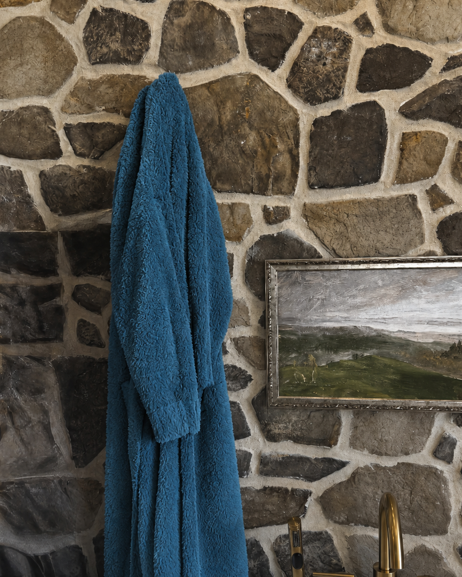 Lounge by Jan Marie Peacock Chenille Robe hung on display showing jewel tone — Cloud Nine Pajamas
