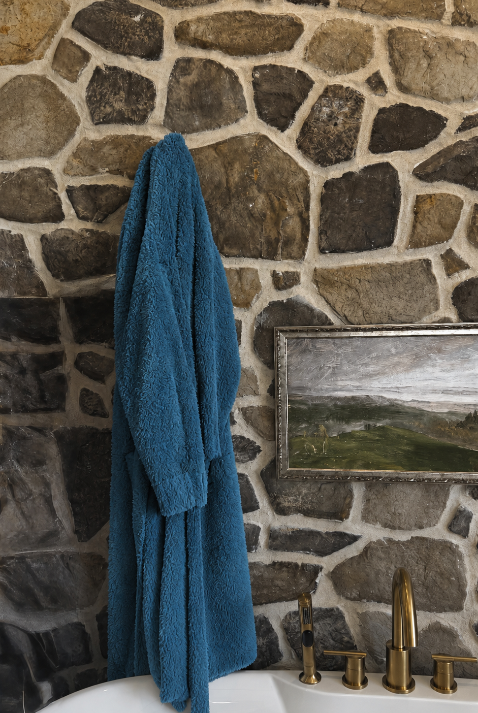 Lounge by Jan Marie Peacock Chenille Robe hung on display showing jewel tone — Cloud Nine Pajamas