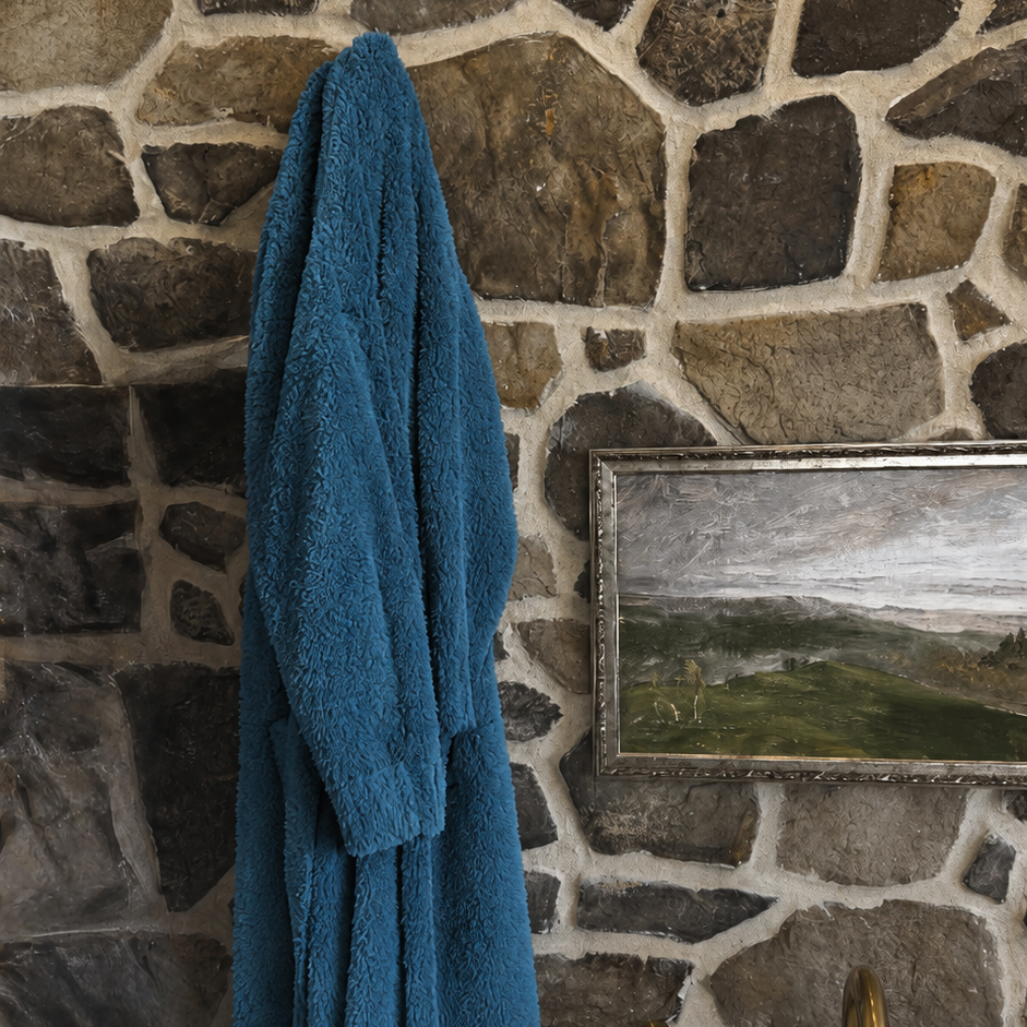 Lounge by Jan Marie Peacock Chenille Robe hung on display showing jewel tone — Cloud Nine Pajamas