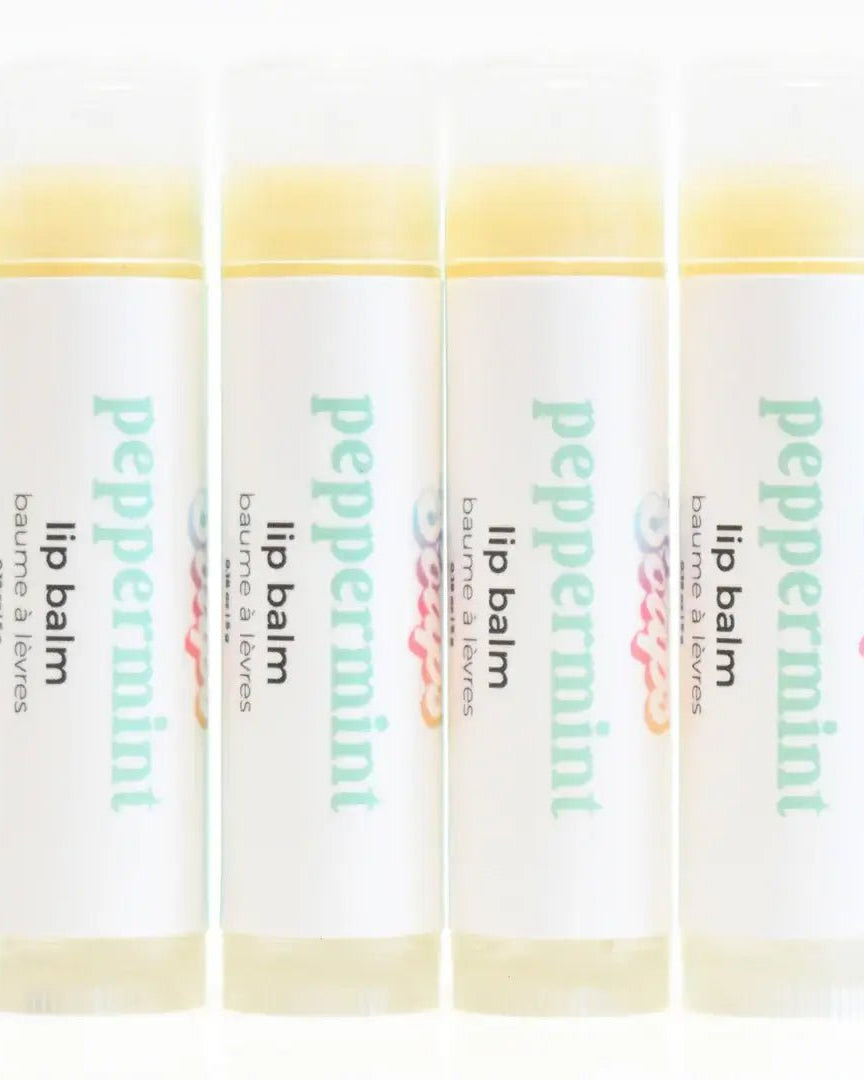Peppermint Lip Balm tubes displaying a minty fresh flavor, designed to hydrate and soothe lips.