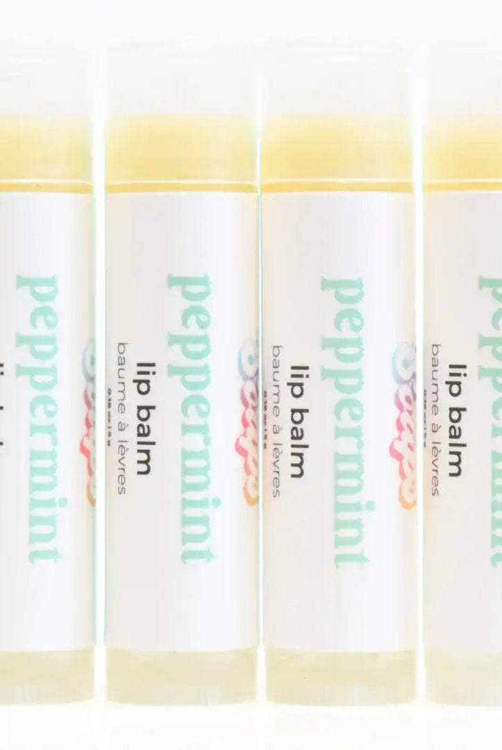 Peppermint Lip Balm tubes displaying a minty fresh flavor, designed to hydrate and soothe lips.