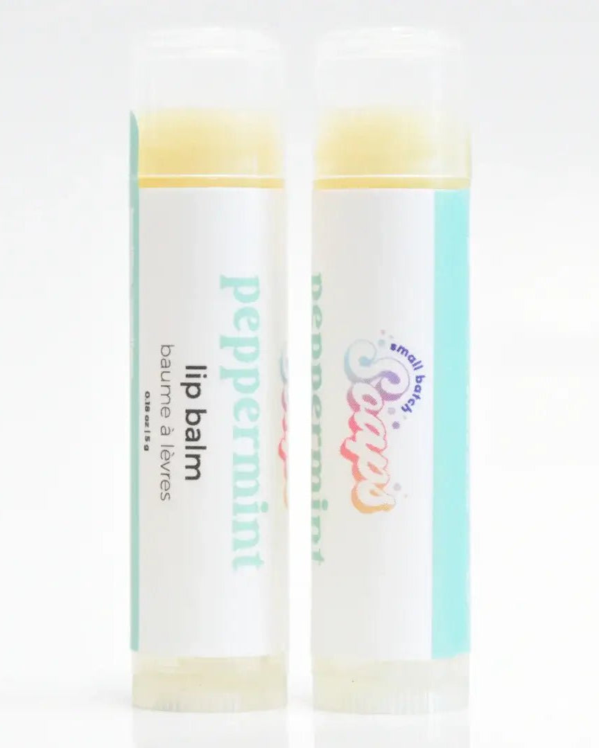 Peppermint Lip Balm tubes with natural ingredients for soft and hydrated lips.