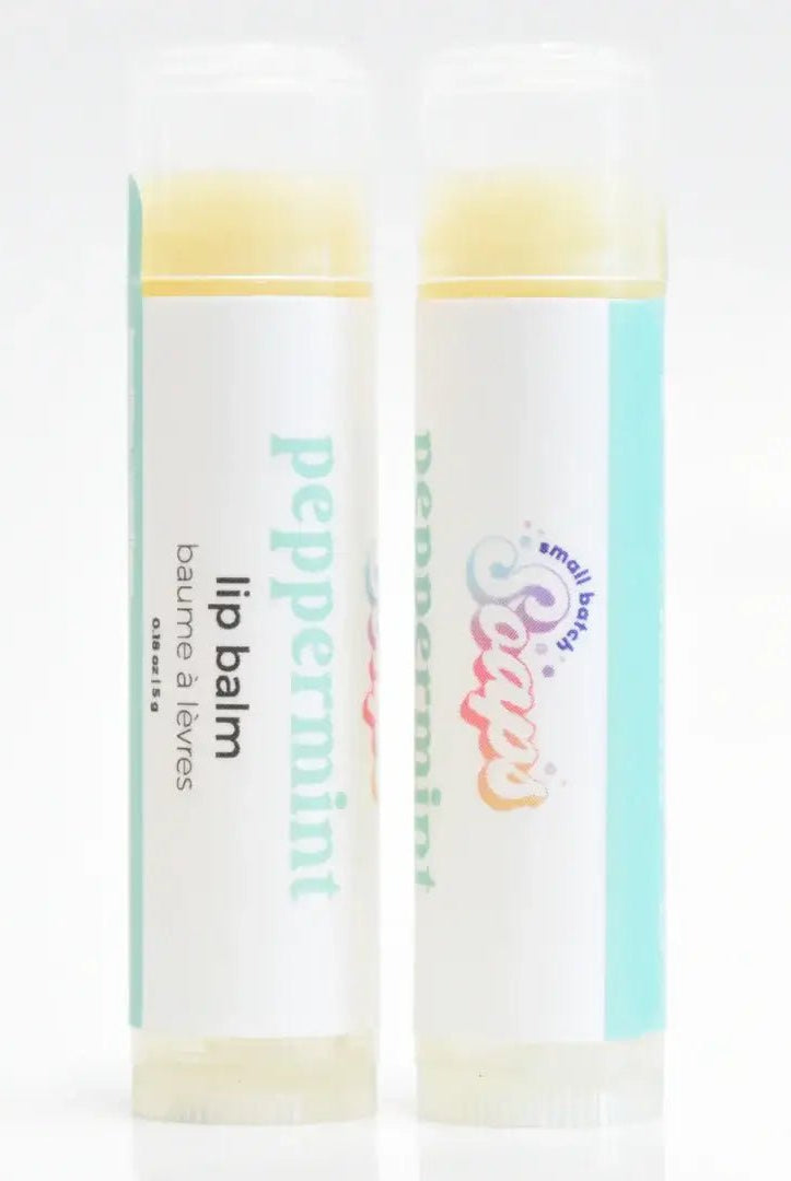 Peppermint Lip Balm tubes with natural ingredients for soft and hydrated lips.