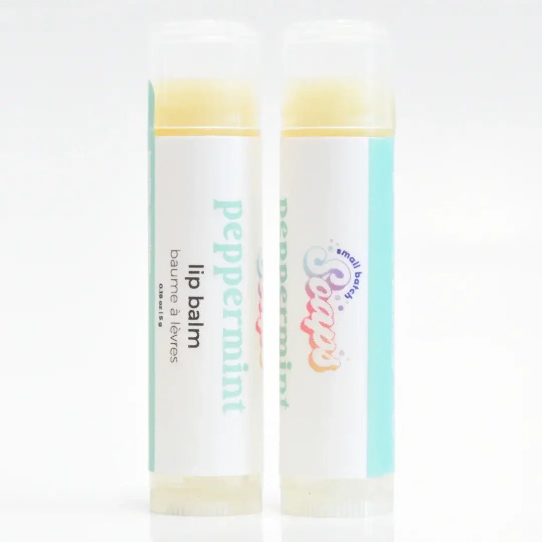 Peppermint Lip Balm tubes with natural ingredients for soft and hydrated lips.