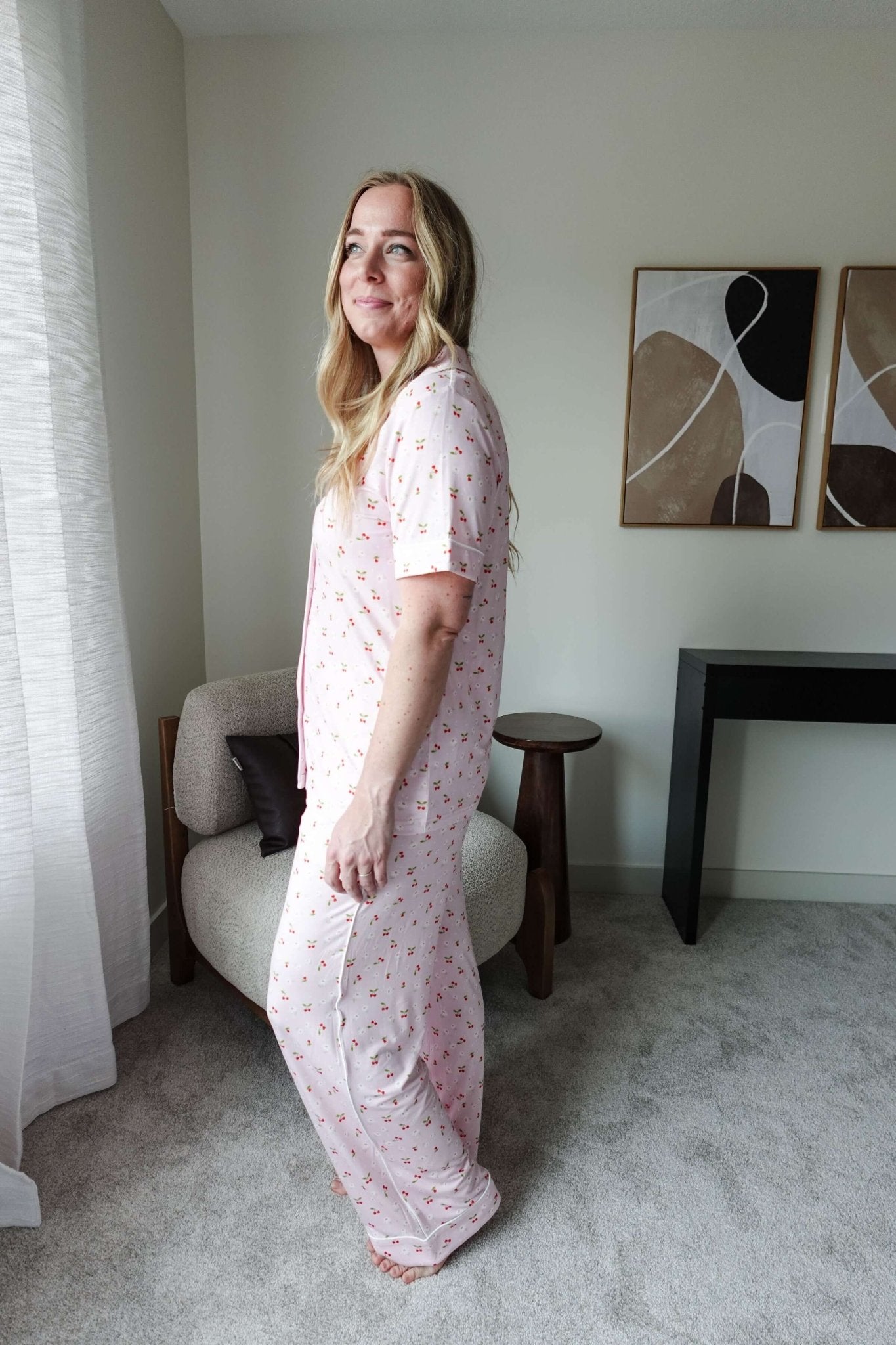 Pink Cherries Short Sleeve Button Up/Straight Pant Bamboo PJ Set - Georgia Rylan - Cloud Nine Pajamas