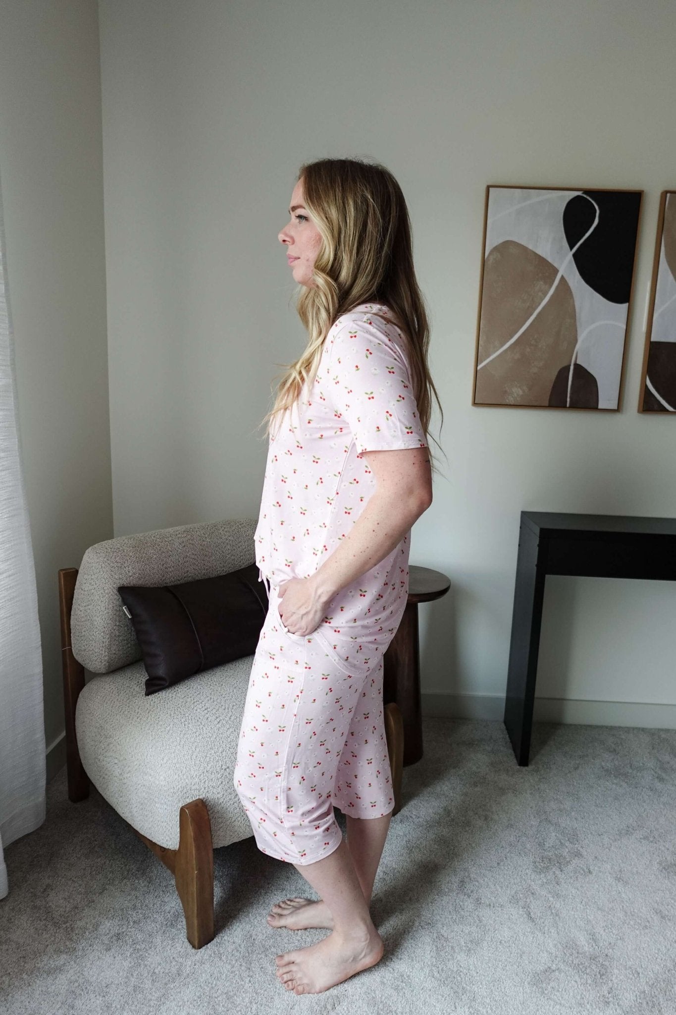 Pink Cherries Tee & Capri Cooling Bamboo Pajama Set | Georgia Rylan - Georgia Rylan - Cloud Nine Pajamas