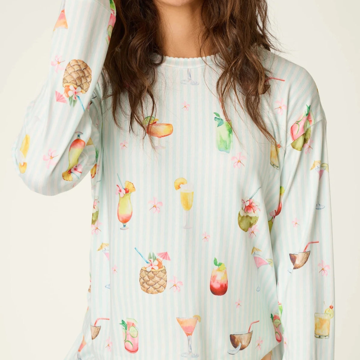 PJ Salvage 5 O'Clock Somewhere cocktail print long sleeve pyjama shirt and pant set in aqua and white stripe — Cloud Nine Pajamas Edmonton