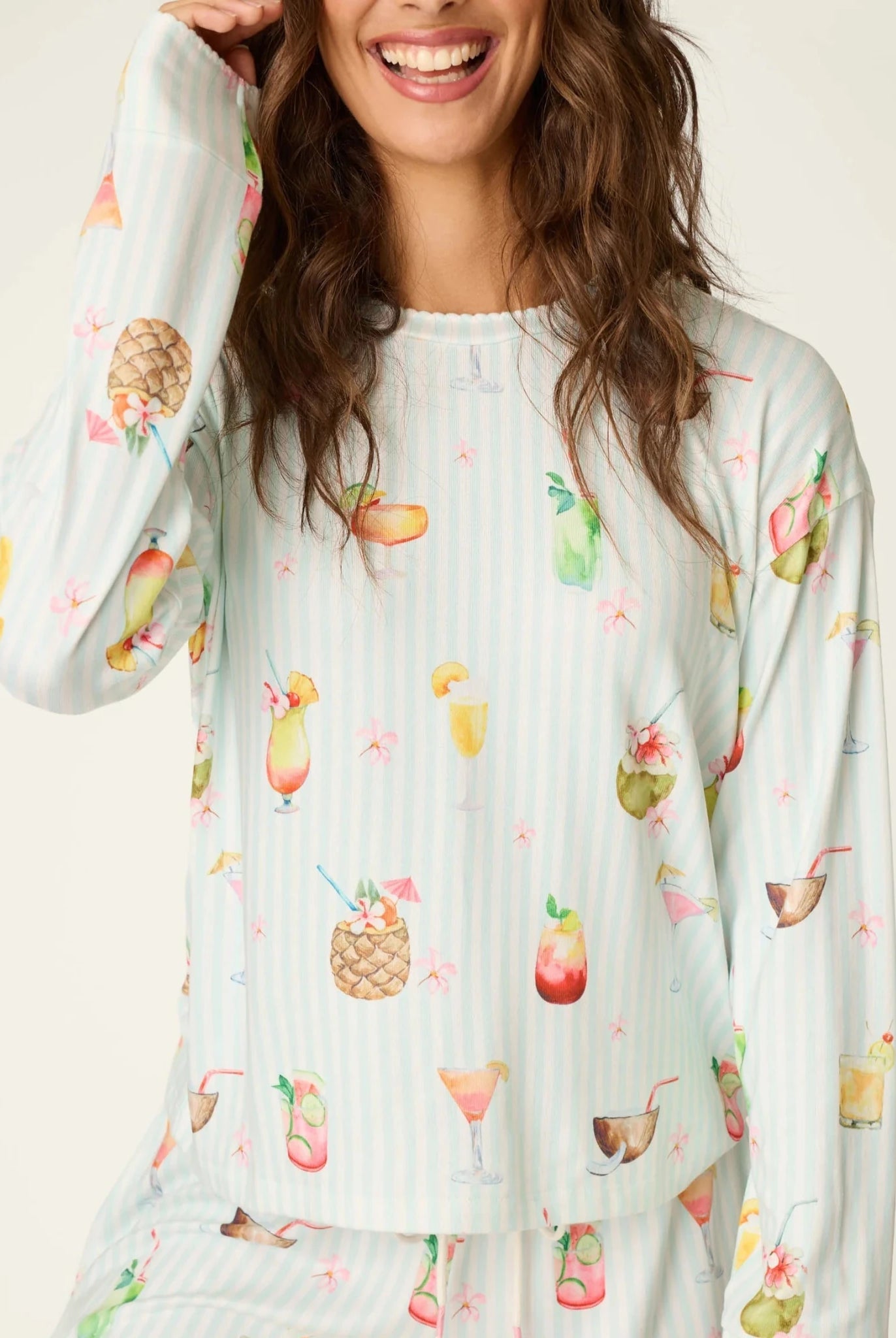 PJ Salvage 5 O'Clock Somewhere cocktail print long sleeve pyjama shirt and pant set in aqua and white stripe — Cloud Nine Pajamas Edmonton