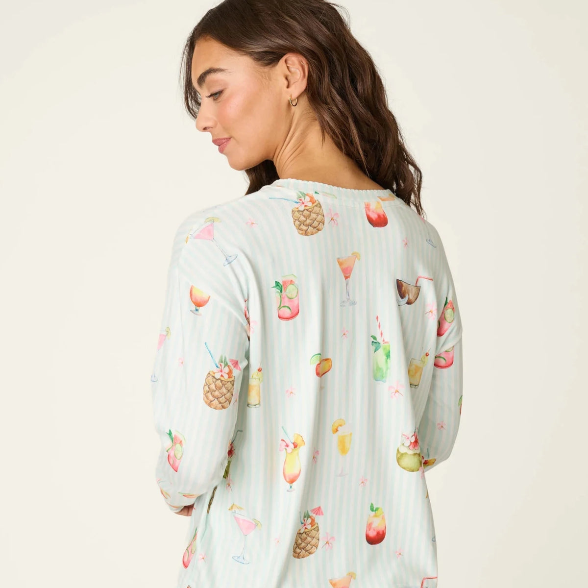 PJ Salvage 5 O'Clock Somewhere cocktail print long sleeve pyjama shirt and pant set in aqua and white stripe — Cloud Nine Pajamas Edmonton