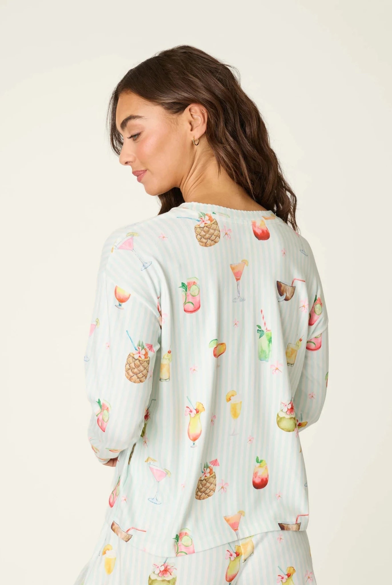PJ Salvage 5 O'Clock Somewhere cocktail print long sleeve pyjama shirt and pant set in aqua and white stripe — Cloud Nine Pajamas Edmonton