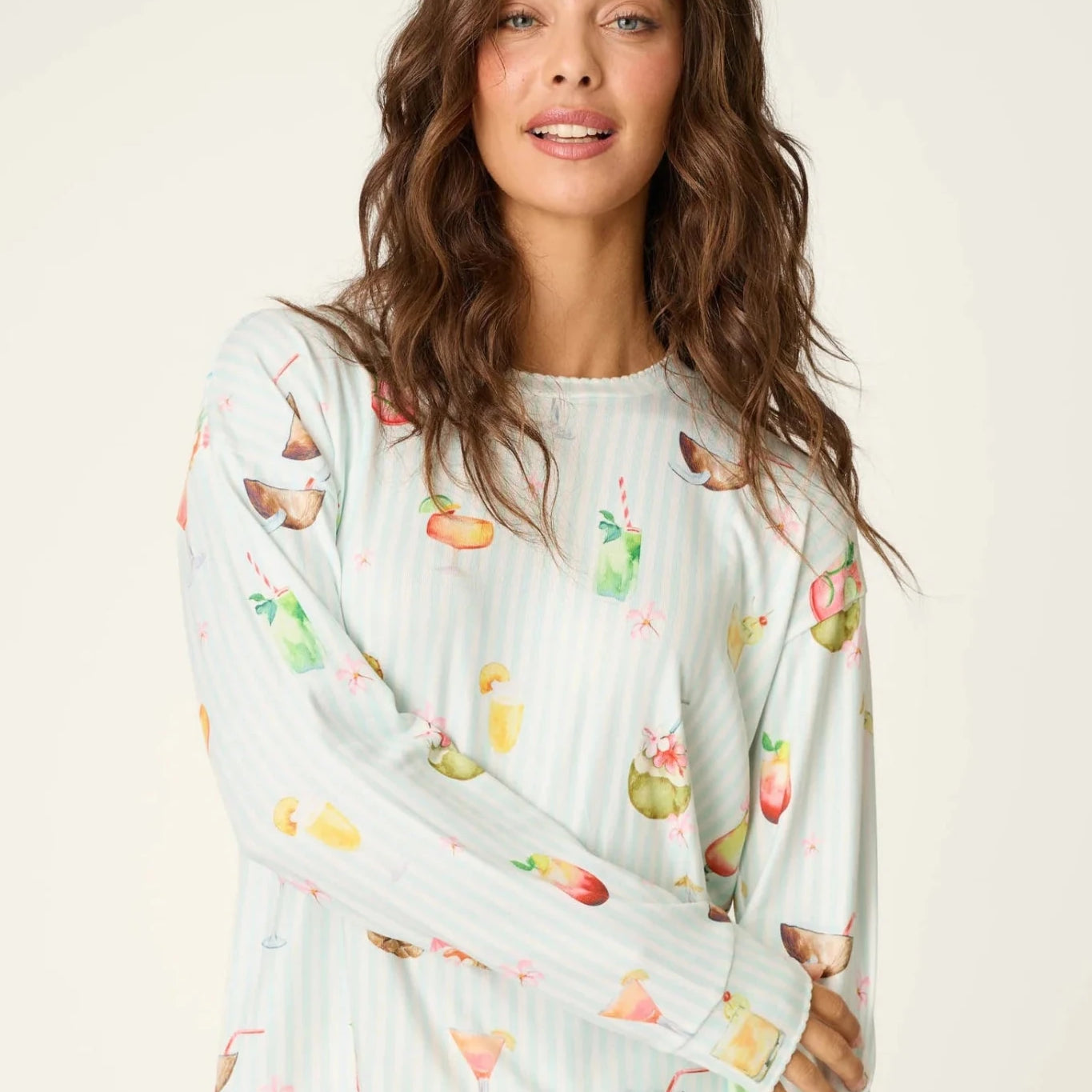 PJ Salvage 5 O'Clock Somewhere cocktail print long sleeve pyjama shirt and pant set in aqua and white stripe — Cloud Nine Pajamas Edmonton