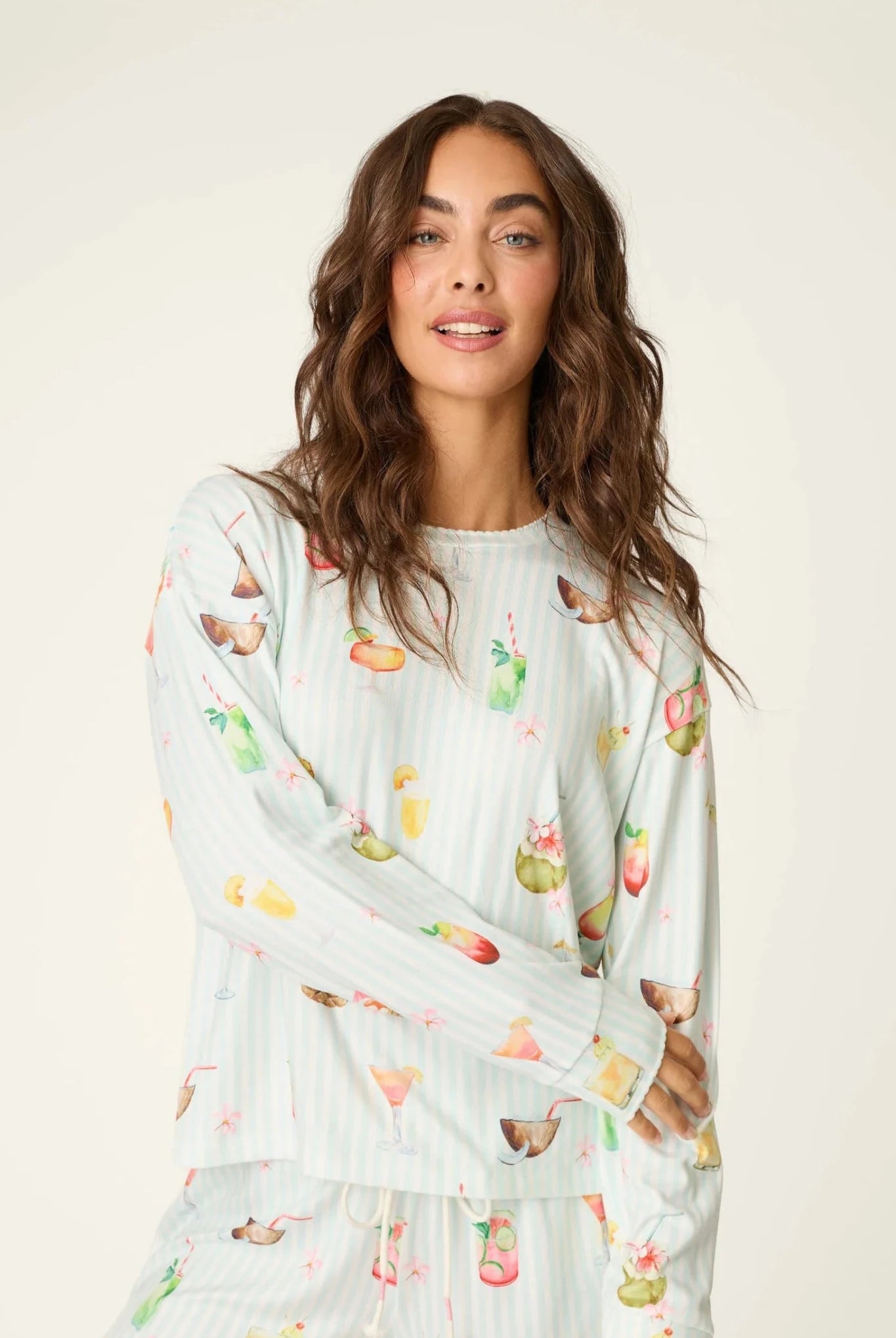 PJ Salvage 5 O'Clock Somewhere cocktail print long sleeve pyjama shirt and pant set in aqua and white stripe — Cloud Nine Pajamas Edmonton