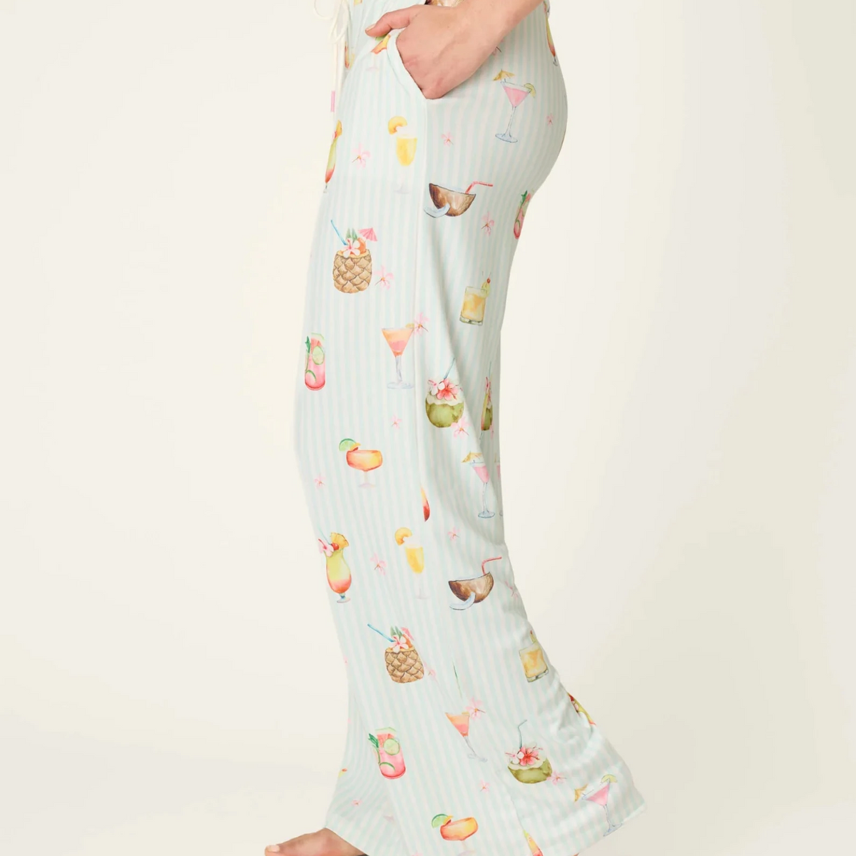 PJ Salvage 5 O'Clock Somewhere cocktail print long sleeve pyjama shirt and pant set in aqua and white stripe — Cloud Nine Pajamas Edmonton