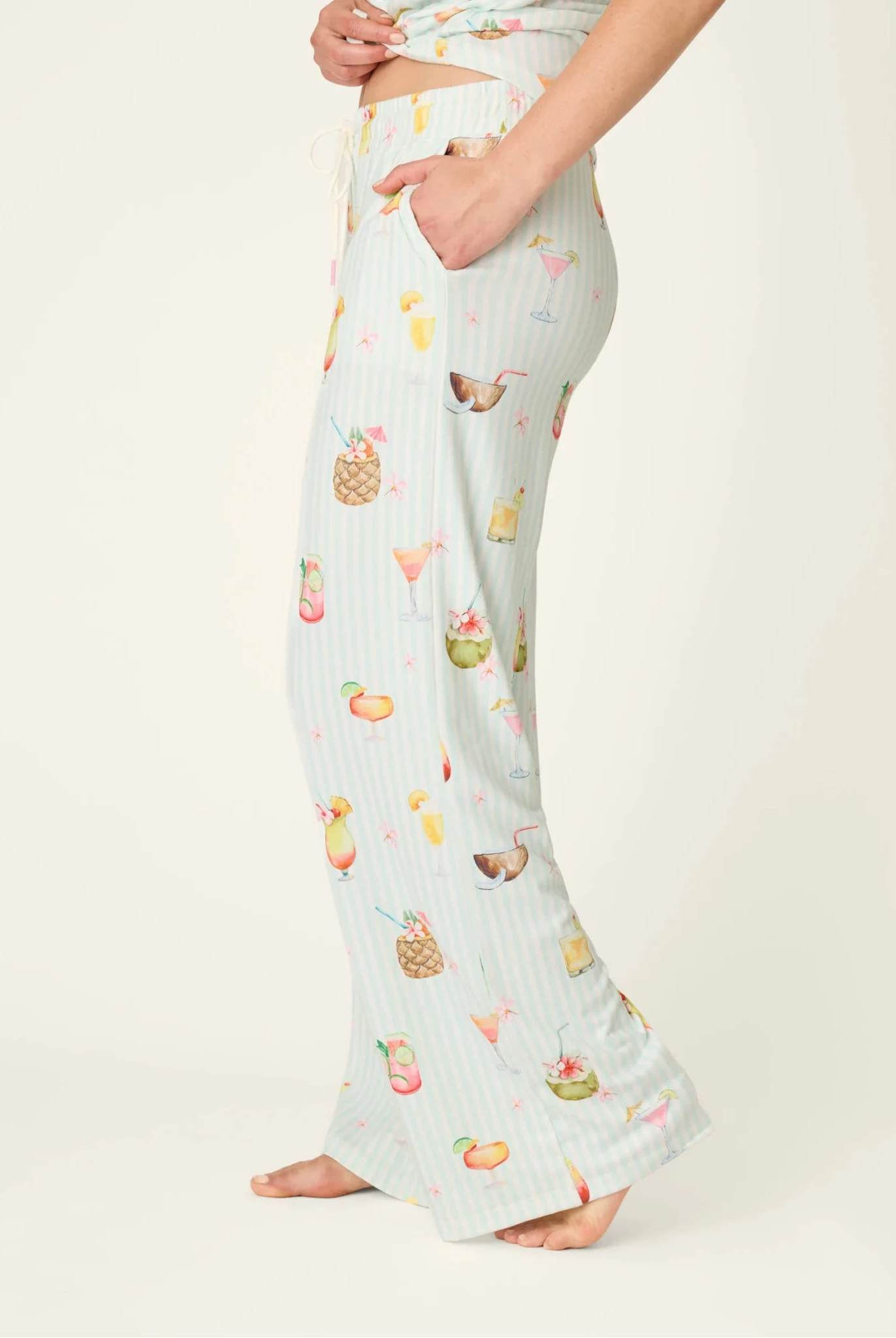 PJ Salvage 5 O'Clock Somewhere cocktail print long sleeve pyjama shirt and pant set in aqua and white stripe — Cloud Nine Pajamas Edmonton