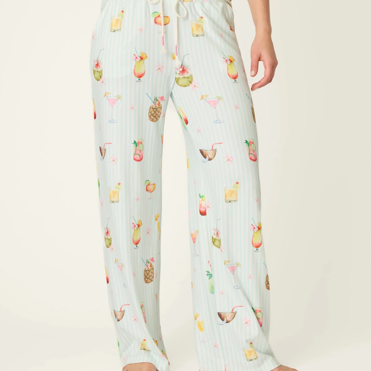 PJ Salvage 5 O'Clock Somewhere cocktail print long sleeve pyjama shirt and pant set in aqua and white stripe — Cloud Nine Pajamas Edmonton