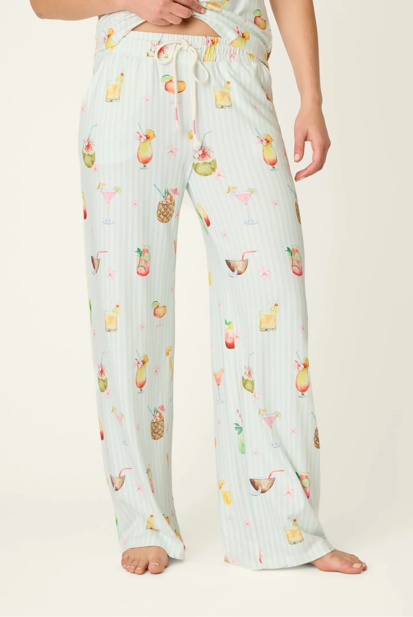PJ Salvage 5 O'Clock Somewhere cocktail print long sleeve pyjama shirt and pant set in aqua and white stripe — Cloud Nine Pajamas Edmonton