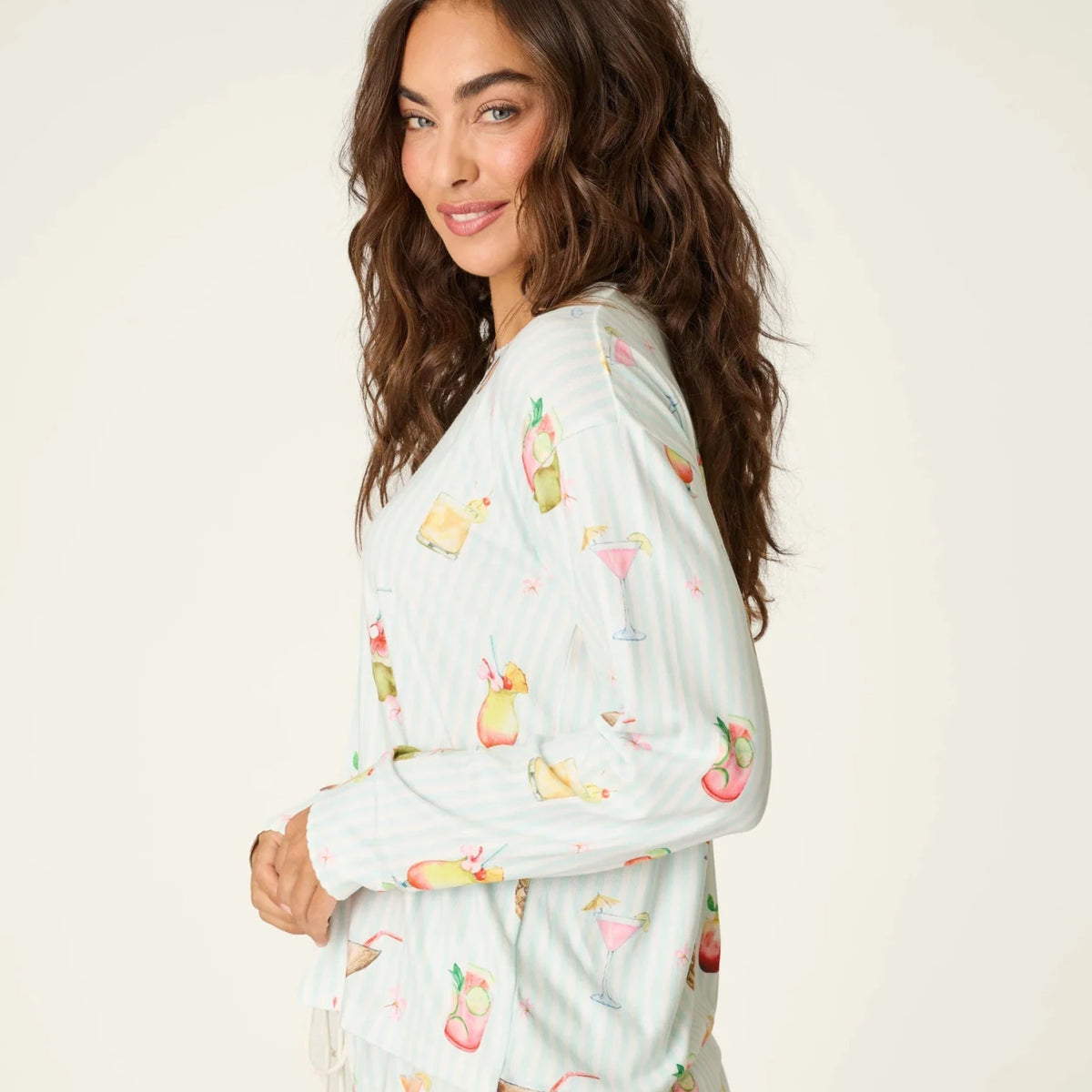 PJ Salvage 5 O'Clock Somewhere cocktail print long sleeve pyjama shirt and pant set in aqua and white stripe — Cloud Nine Pajamas Edmonton