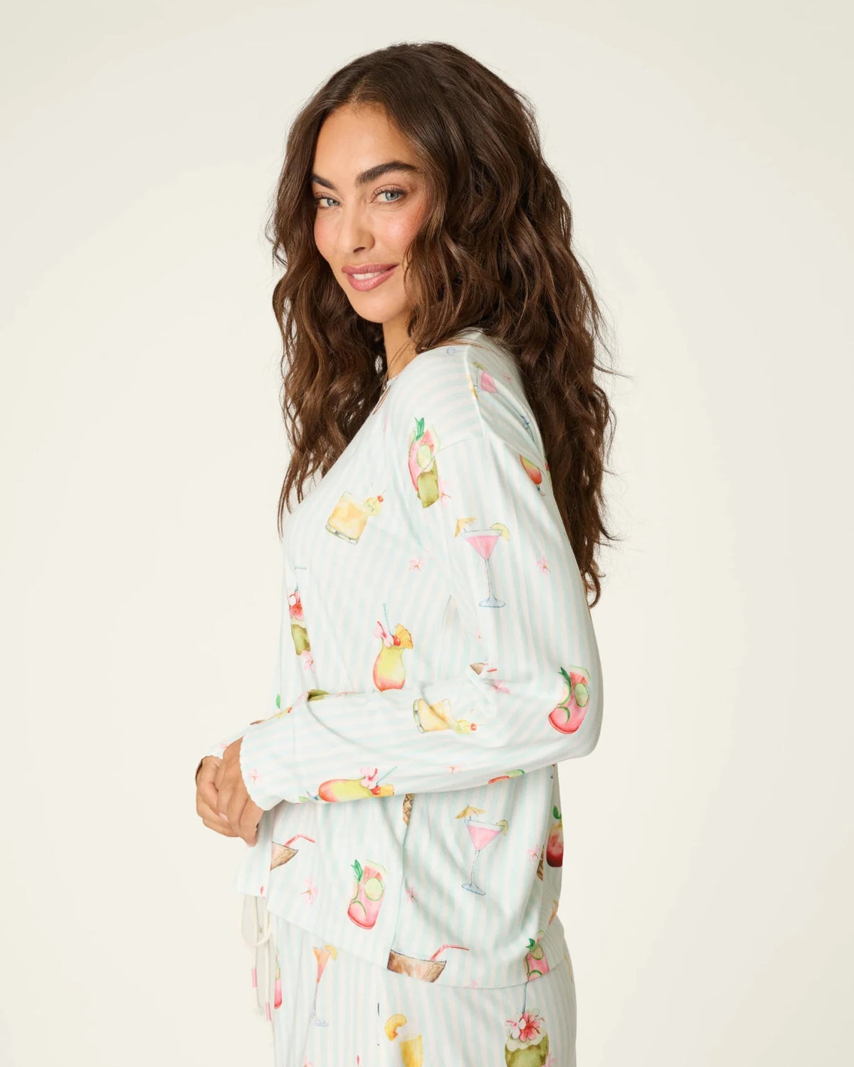 PJ Salvage 5 O'Clock Somewhere cocktail print long sleeve pyjama shirt and pant set in aqua and white stripe — Cloud Nine Pajamas Edmonton