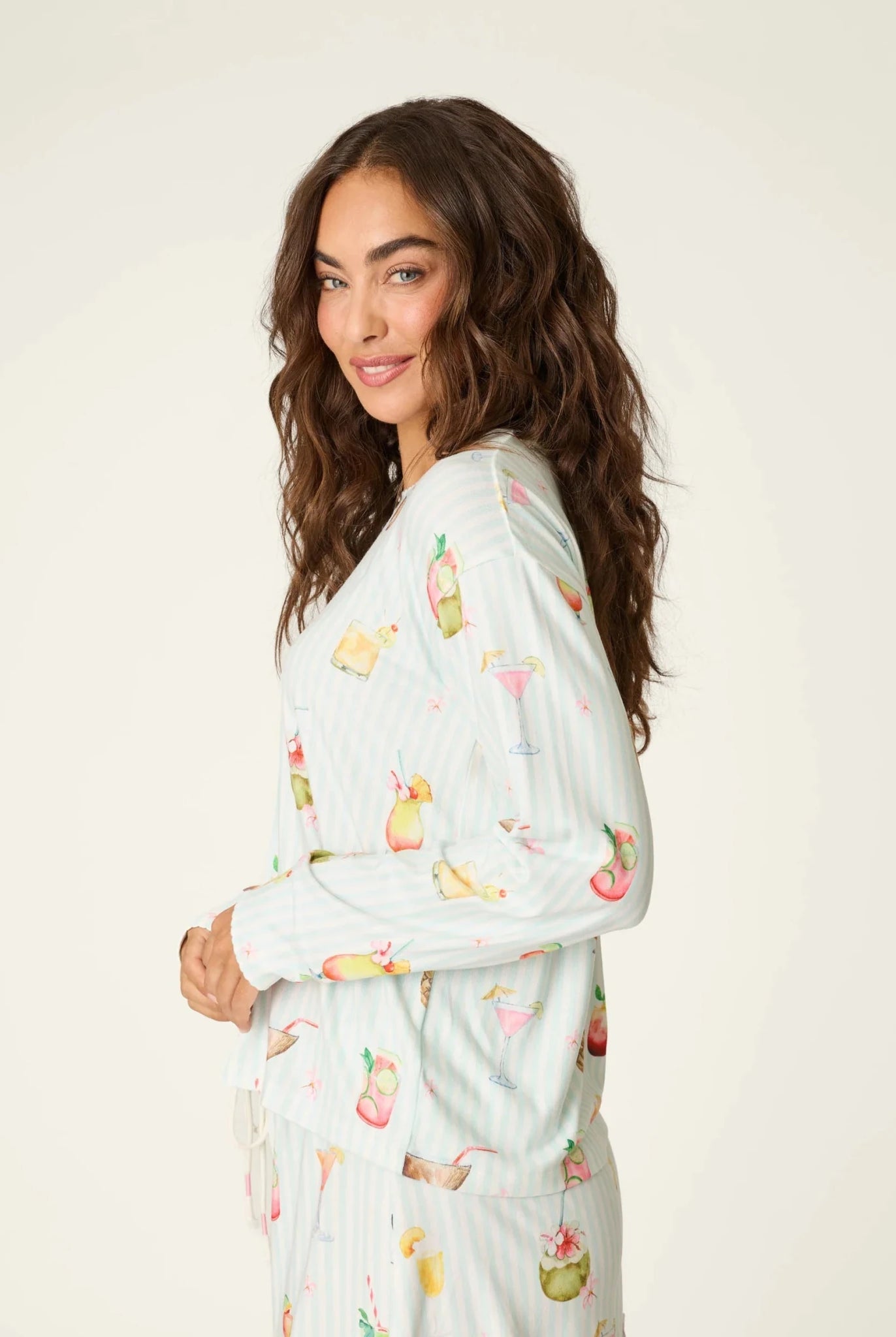 PJ Salvage 5 O'Clock Somewhere cocktail print long sleeve pyjama shirt and pant set in aqua and white stripe — Cloud Nine Pajamas Edmonton