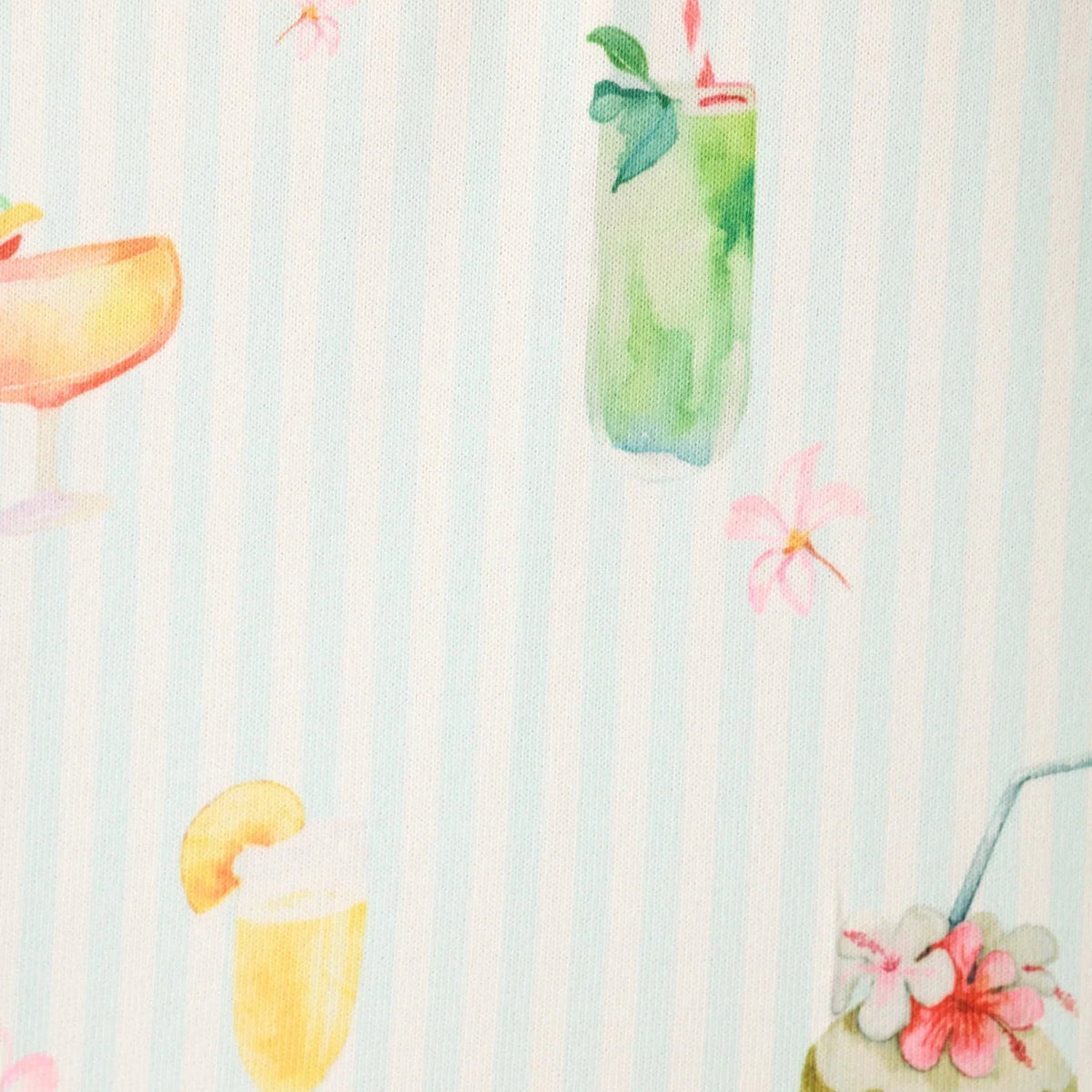 PJ Salvage 5 O'Clock Somewhere aqua stripe cocktail print pyjama set detail — Cloud Nine Pajamas