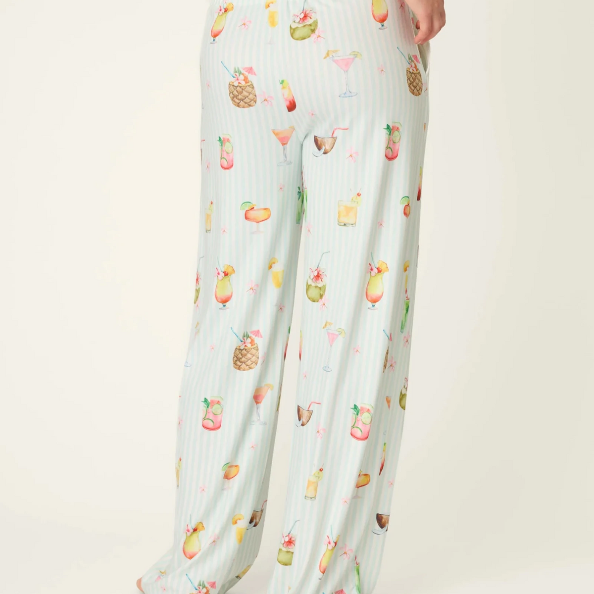 PJ Salvage 5 O'Clock Somewhere cocktail print long sleeve pyjama shirt and pant set in aqua and white stripe — Cloud Nine Pajamas Edmonton