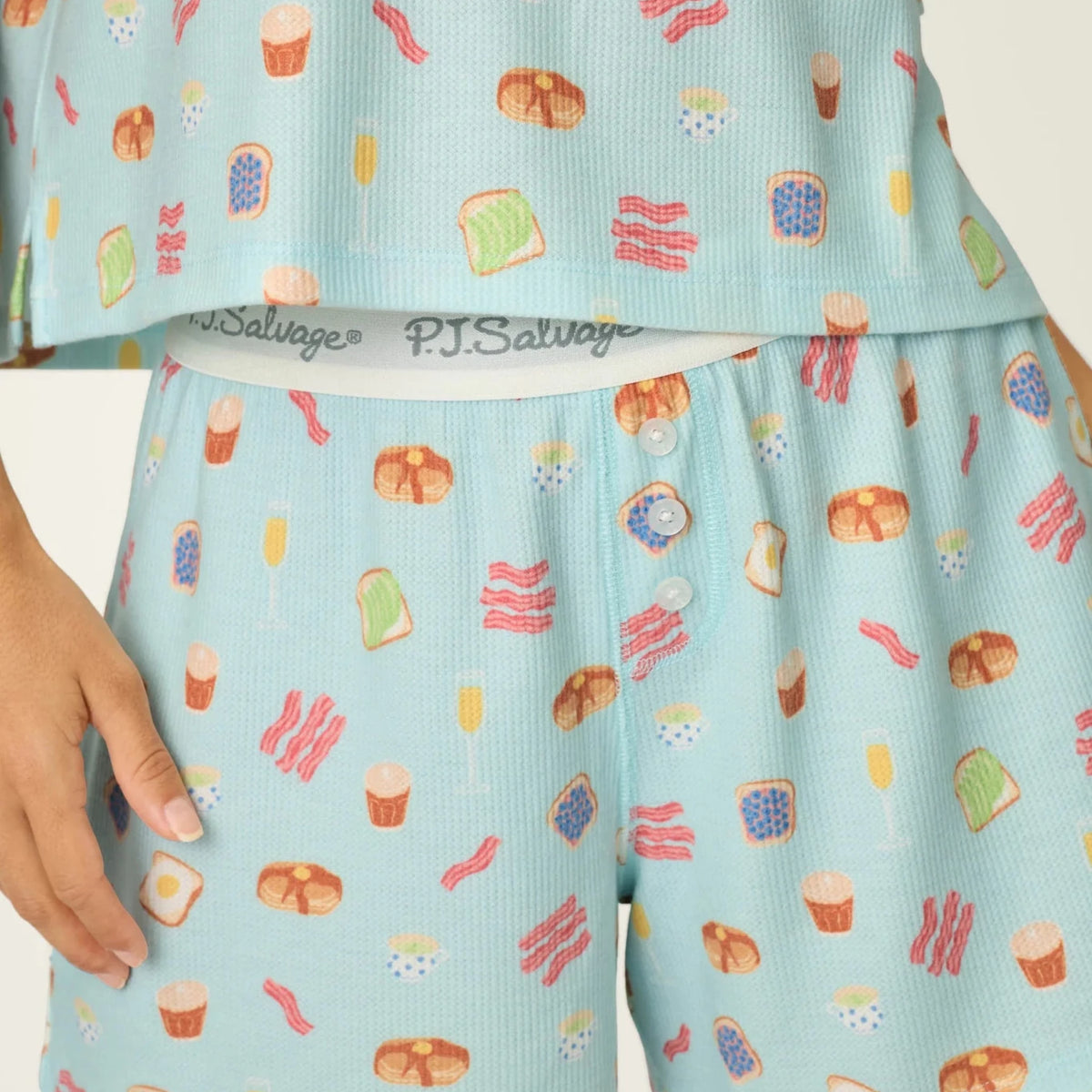 PJ Salvage Boyfriend Boxer Short PJ Set in Cool Blue Foodie print baby waffle knit — Cloud Nine Pajamas