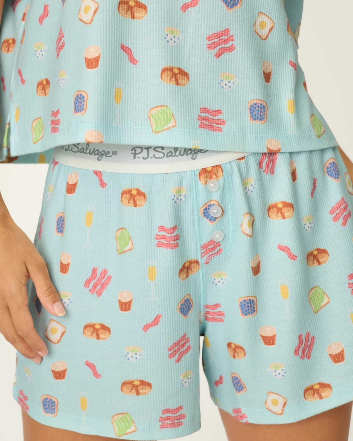 PJ Salvage Boyfriend Boxer Short PJ Set in Cool Blue Foodie print baby waffle knit — Cloud Nine Pajamas