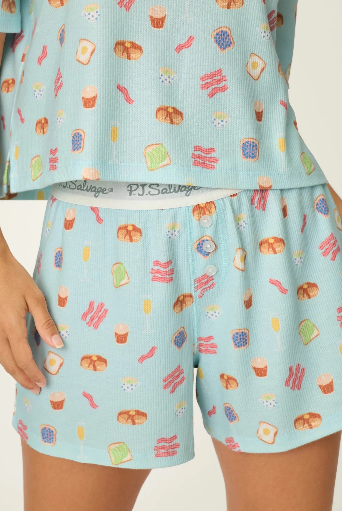 PJ Salvage Boyfriend Boxer Short PJ Set in Cool Blue Foodie print baby waffle knit — Cloud Nine Pajamas