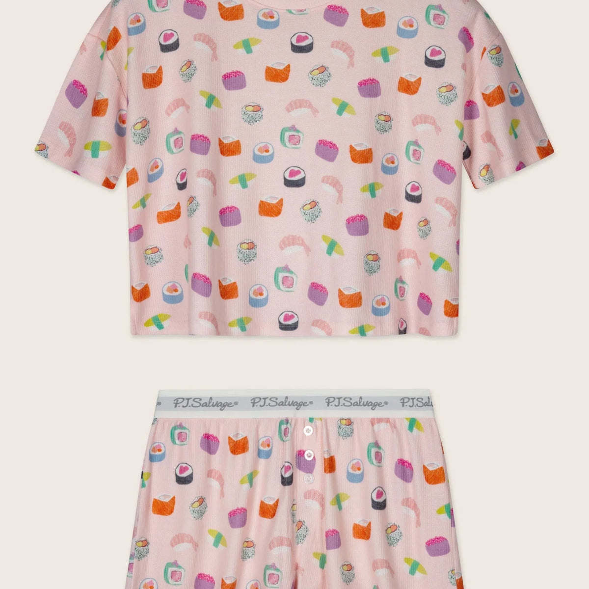 PJ Salvage Boyfriend Boxer Short PJ Set in Rosewater Sushi baby waffle knit — Cloud Nine Pajamas Edmonton