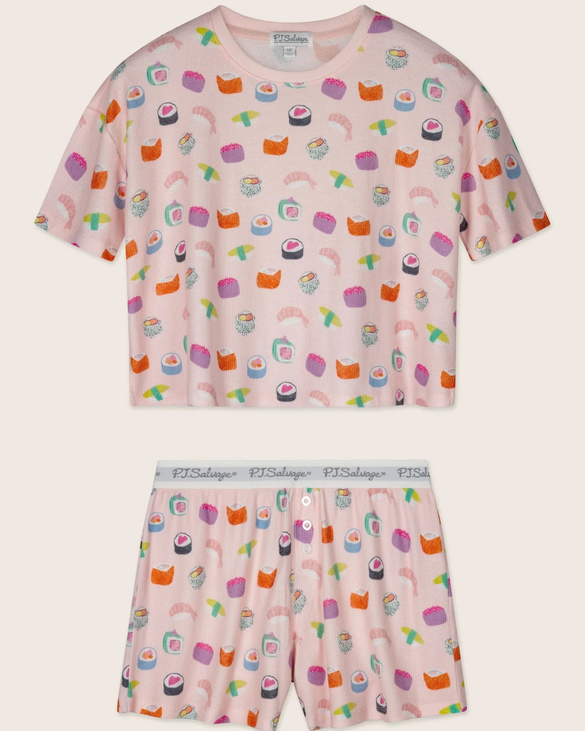 PJ Salvage Boyfriend Boxer Short PJ Set in Rosewater Sushi baby waffle knit — Cloud Nine Pajamas Edmonton